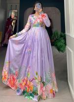 Tussar Silk Lavender Traditional Wear Printed Readymade Gown